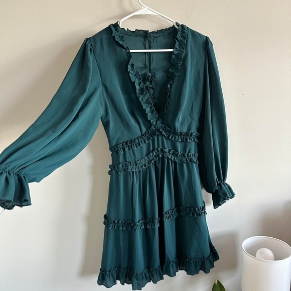Forest Green Deep V Neck Ruffle Long Sleeve Open Back Flowy Mini Dress - Picture 5 of 7